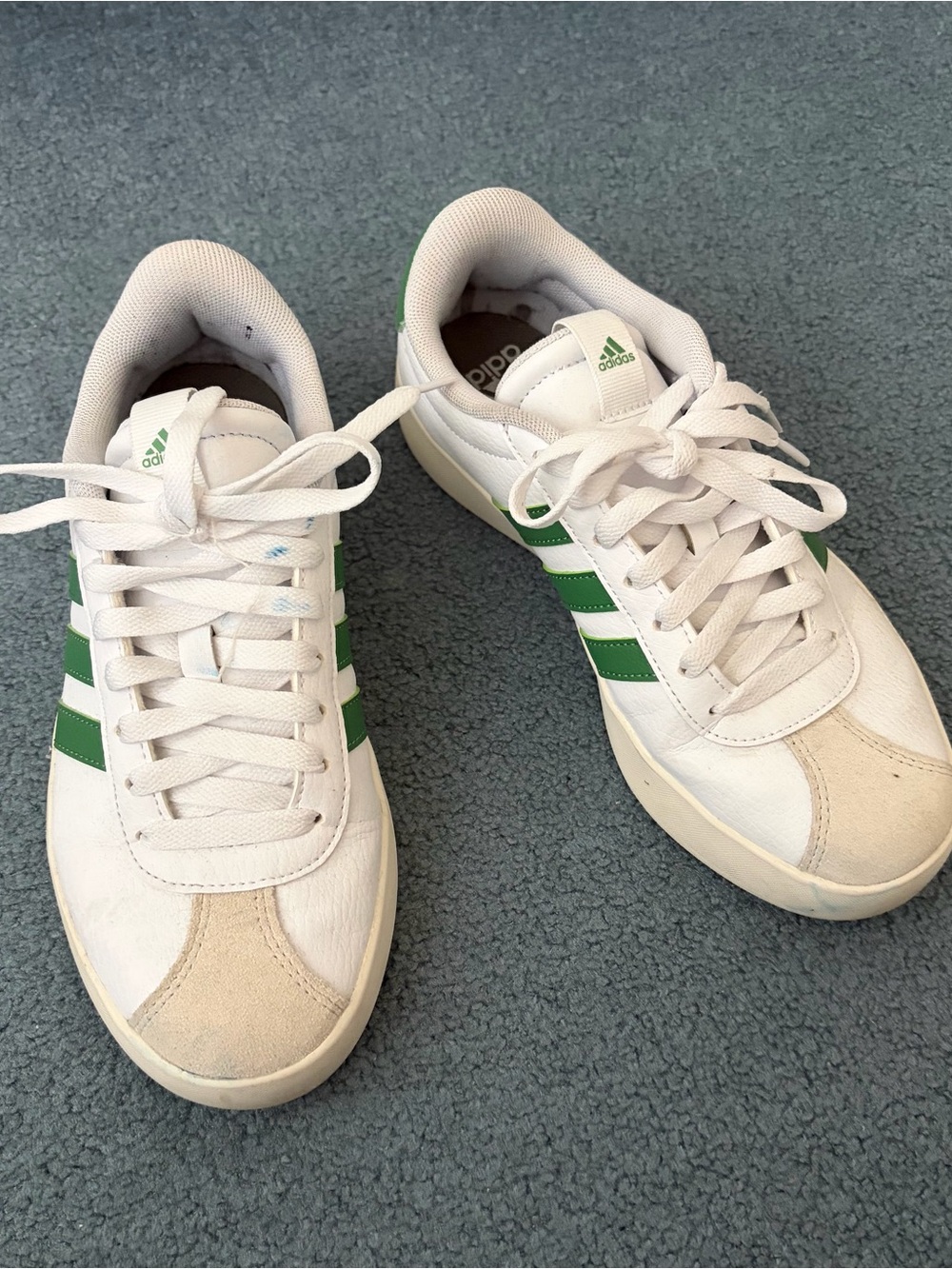 adidas White Sneakers with Green Stripes and Tan Toe